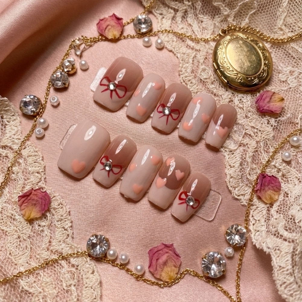 Cute Heart and Bow French Tip Square Nail Set